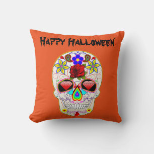 Fun Happy Halloween Floral Sugar Skull Cushion