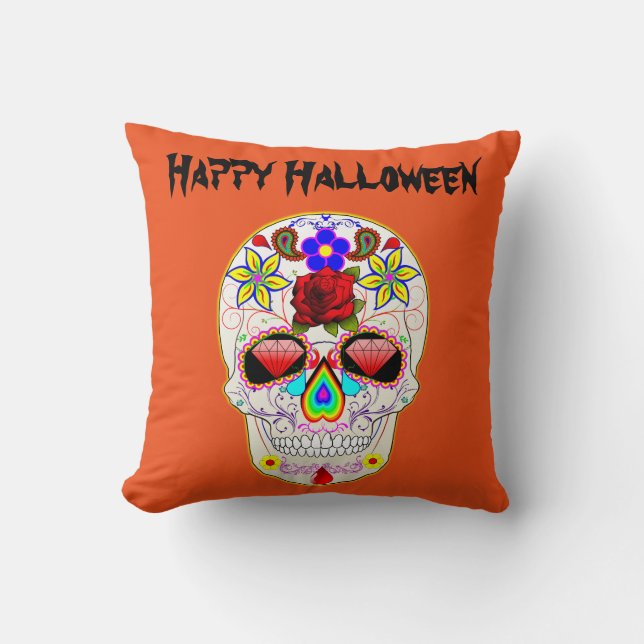 Fun Happy Halloween Floral Sugar Skull Cushion (Front)