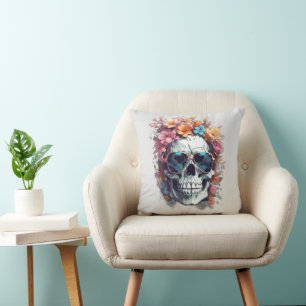 Fun Happy Halloween Floral Sugar Skull Trick Treat Cushion
