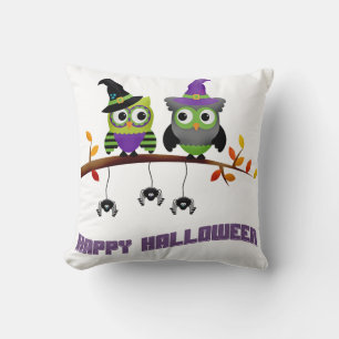 Fun Happy Halloween Pair of Owl with Spiders Cushion