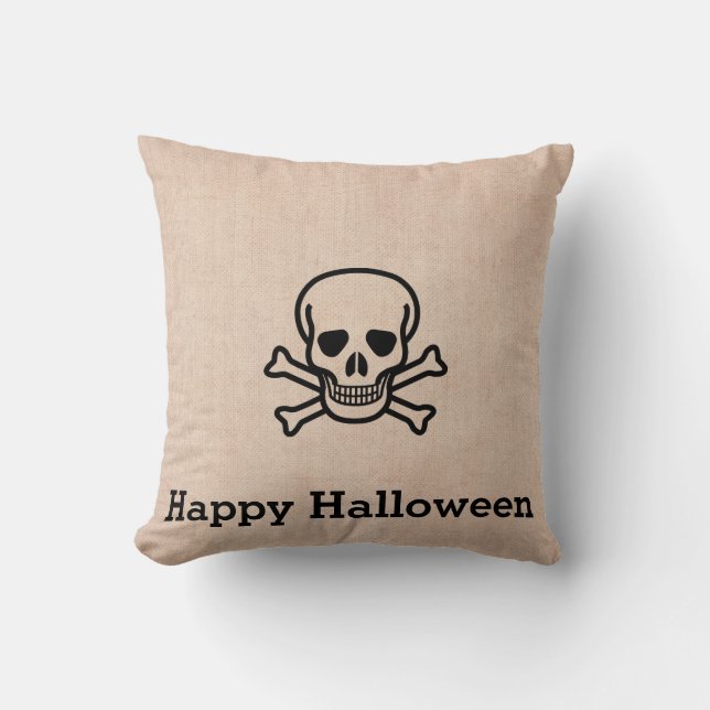 Fun Happy Halloween Skeleton Burlap Cushion (Front)