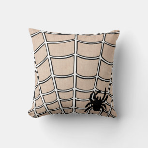 Fun Happy Halloween Spider with Web Burlap Cushion