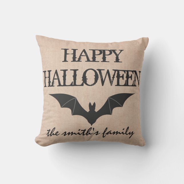 Fun Happy Halloween Trick or Treat Bat Burlap Cushion (Front)