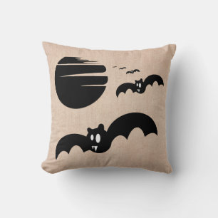Fun Happy Halloween Trick or Treat Bats Burlap Cushion