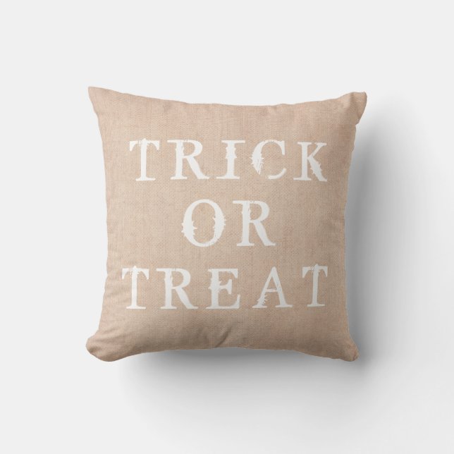 Fun Happy Halloween Trick or Treat Burlap Cushion (Front)