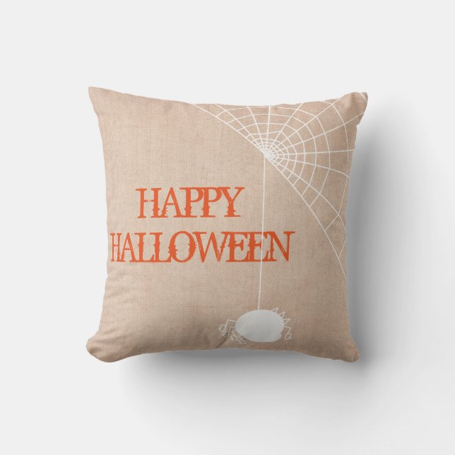 Fun Happy Halloween Trick or Treat Spider with Web Cushion (Front)
