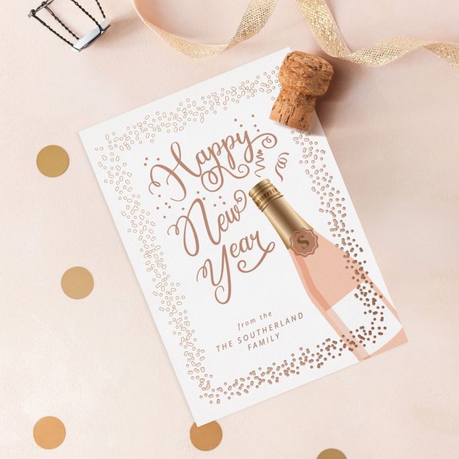 Fun Happy New Year Script Rose Champagne Confetti Foil Holiday Card (Creator Uploaded)