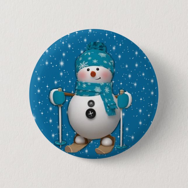 Fun Happy Skiing Snowman 6 Cm Round Badge (Front)