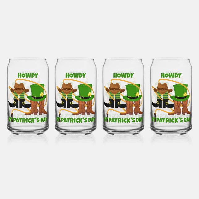 Fun Happy St Patricks Day HOWDY Cowboy  Can Glass (Front)
