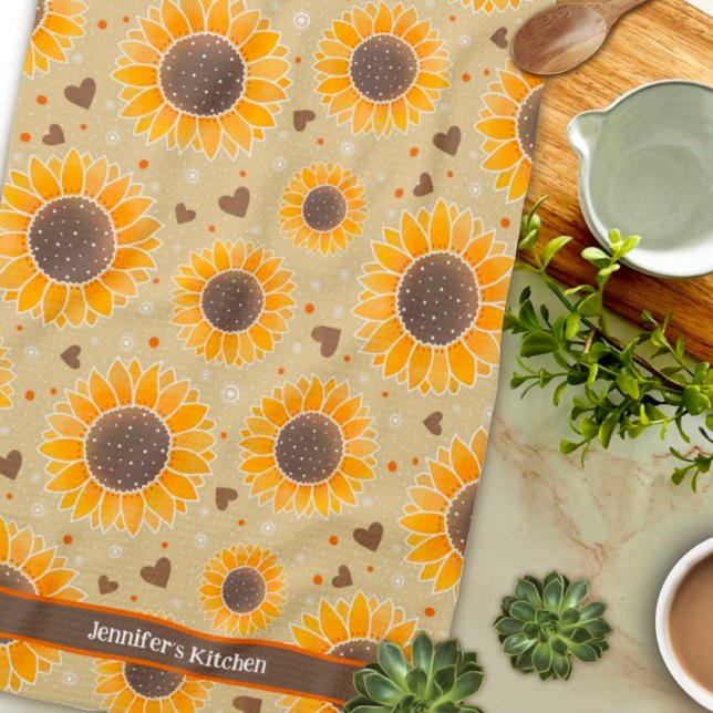Fun Happy Sunflower Hearts Custom Name Stylish  Tea Towel (Creator Uploaded)