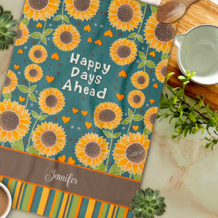Fun Happy Sunflower Stripes Custom Name Stylish  Tea Towel