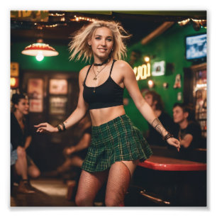 Fun Happy Tartan Skirt Girl Dancing in Bar Photo Print