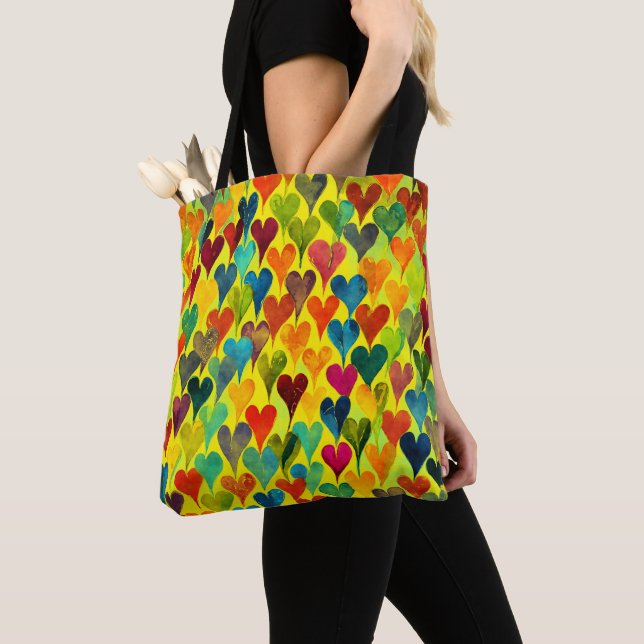 Fun Heart Pattern Yellow Mix Tote Bag (Close Up)