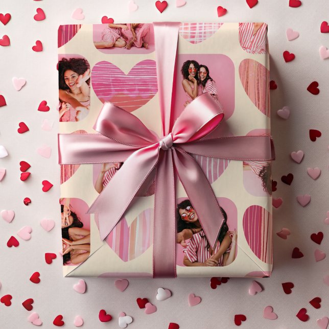 Fun Hearts & Photo Pink & Black Galentine's Wrapping Paper Sheet (Creator Uploaded)