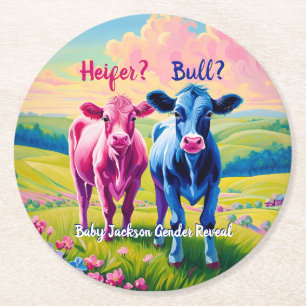 Fun Heifer or Bull Gender Reveal Round Paper Coaster