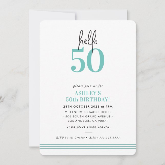 FUN hello 50 modern 50th birthday party mint Invitation (Front)