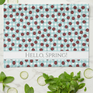 Fun Hello Spring Green Gingham Handdrawn Ladybugs Tea Towel