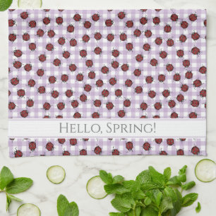 Fun Hello Spring Green Gingham Handdrawn Ladybugs  Tea Towel