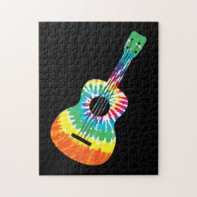 Fun Hippie Rainbow Tie Dye Acoustic Guitar Premium Jigsaw Puzzle (Vertical)