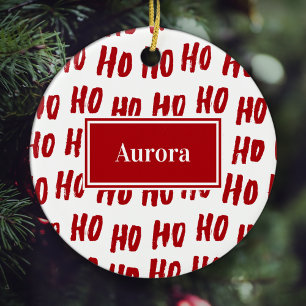 Fun Ho Ho Ho Text Red Holiday Pattern Christmas Ceramic Ornament