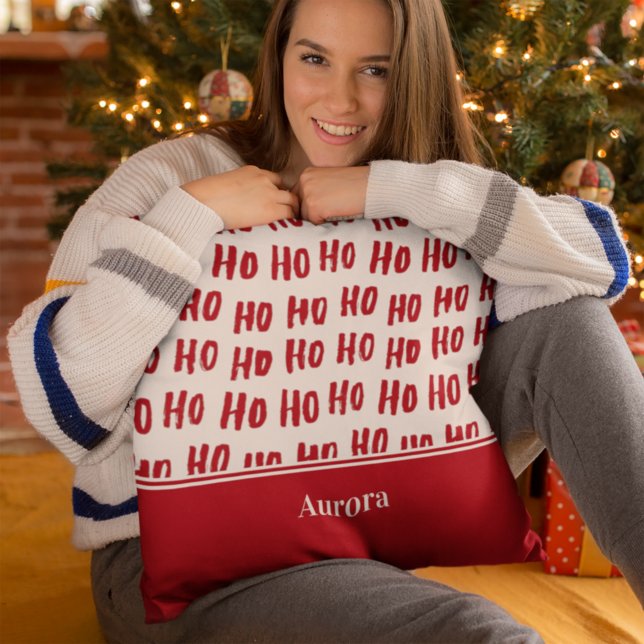 Fun Ho Ho Ho Text Red Holiday Pattern Christmas Cushion (Creator Uploaded)