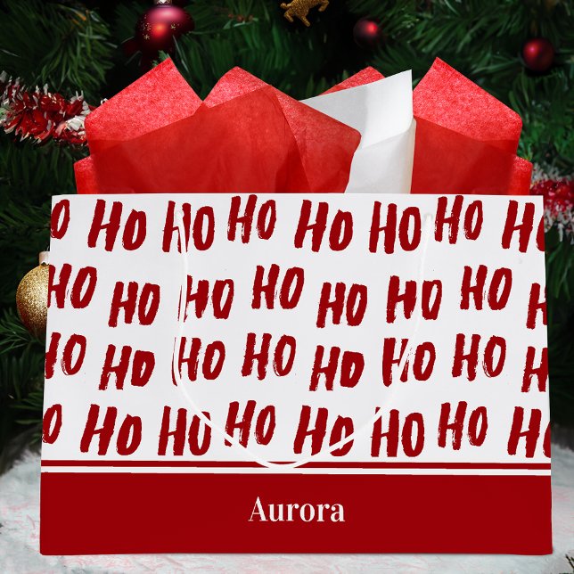 Fun Ho Ho Ho Text Red Holiday Pattern Christmas Large Gift Bag (Creator Uploaded)