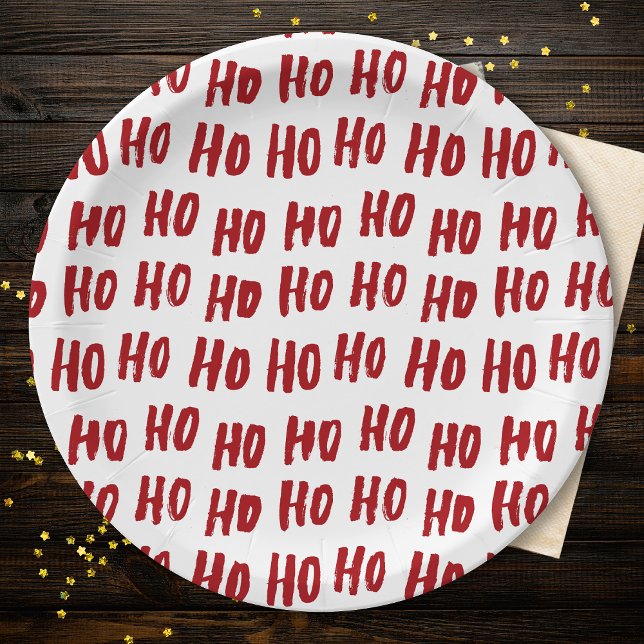 Fun Ho Ho Ho Text Red Holiday Pattern Christmas Paper Plate (Creator Uploaded)