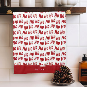 Fun Ho Ho Ho Text Red Holiday Pattern Christmas Tea Towel