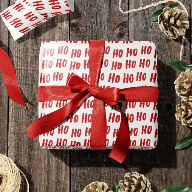Fun Ho Ho Ho Text Red Holiday Pattern Christmas Wrapping Paper (Creator Uploaded)
