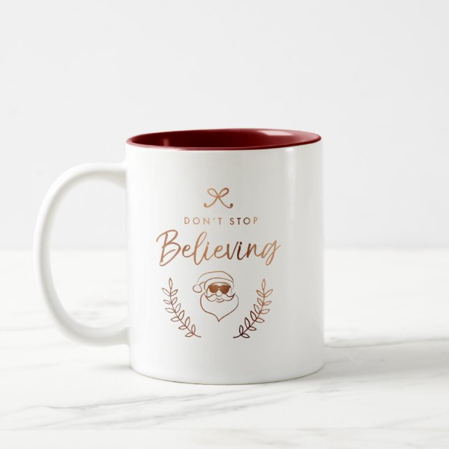 Fun Holiday Don't Stop Believing Christmas Humour Two-Tone Coffee Mug (Left)