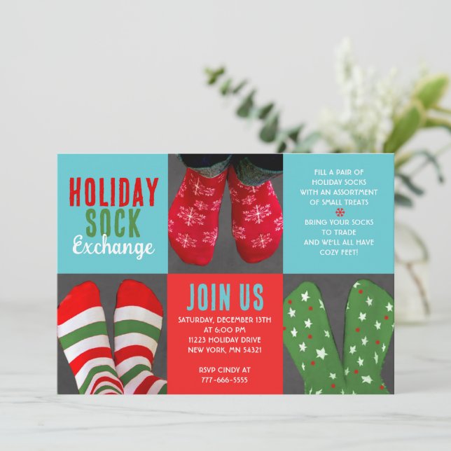 Fun Holiday Sock Exchange Party Invitation (Standing Front)