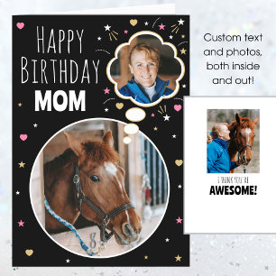 Fun Horse Mum Birthday Custom Photo Black Pink Card