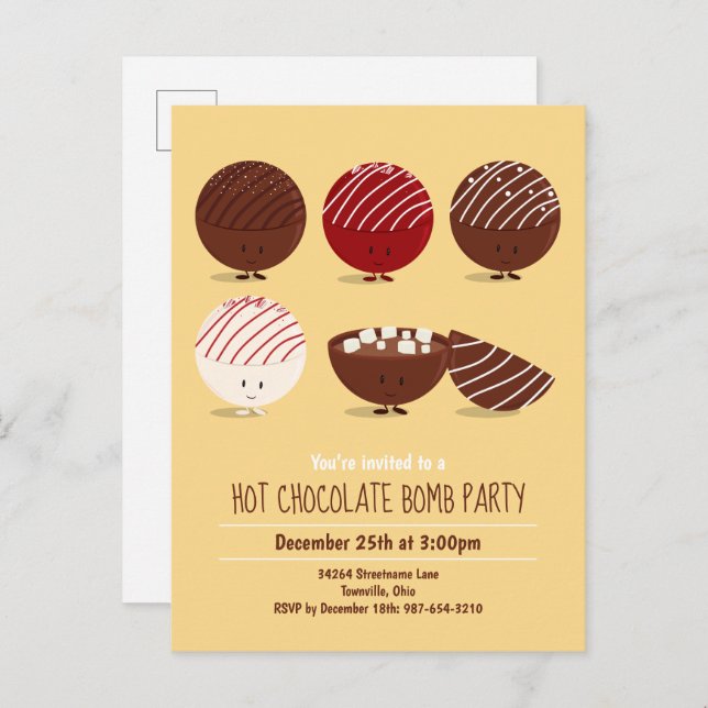 Fun Hot Chocolate Bomb Party Invitation Postcard (Front/Back)