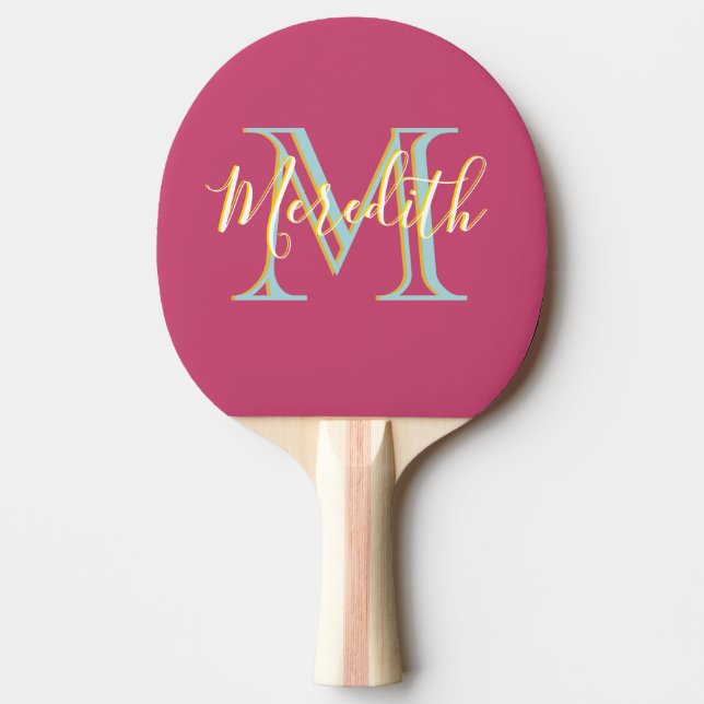 Fun Hot Pink Blue Yellow Custom Monogram Name  Ping Pong Paddle (Front)