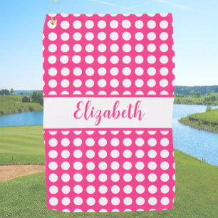 Fun Hot Pink polka dots custom name ladies Golf Towel