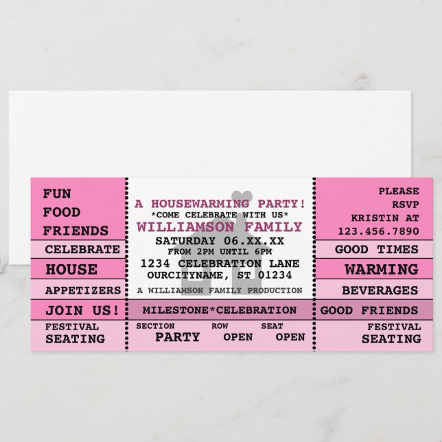 Fun Housewarming Ticket Style Invitation (Front/Back)