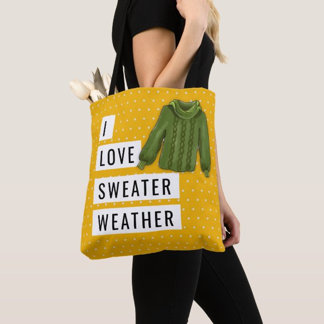 Fun I Love Sweater Weather White Polka Dots Gold Tote Bag (Close Up)