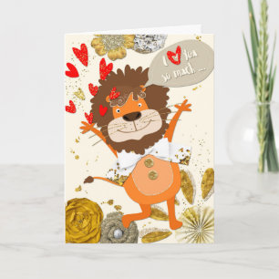 Fun I Love You - Cartoon Lion and Hearts Card