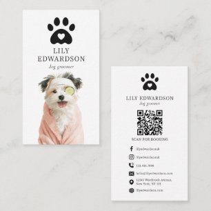 Fun Illustration Pet Dog Groomer Paw Print QR Code Business Card