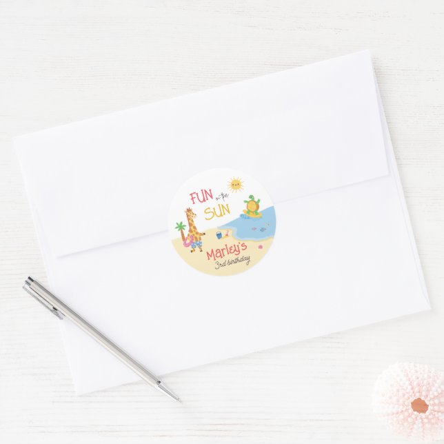 Fun in the Sun Beach Animal Happy Birthday Classic Round Sticker (Envelope)