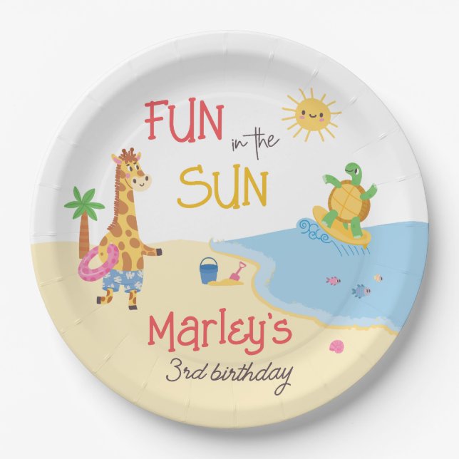 Fun in the Sun Beach Animal Happy Birthday Paper Plate (Front)