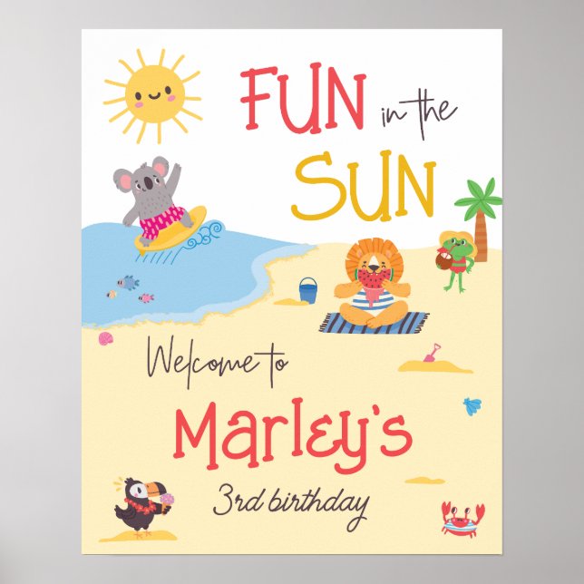 Fun in the Sun Beach Animals Birthday Welcome Poster (Front)