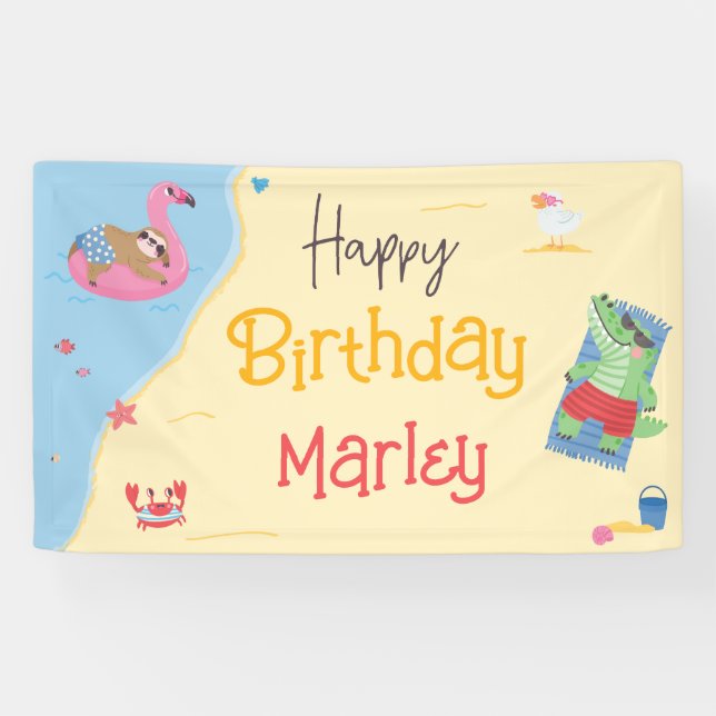 Fun in the Sun Beach Animals Happy Birthday Banner (Horizontal)