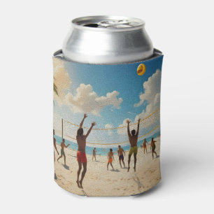 Fun In The Sun Beach Volleyball Oil Paint, Can Cooler