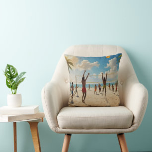 Fun In The Sun Beach Volleyball Oil Paint, Cushion
