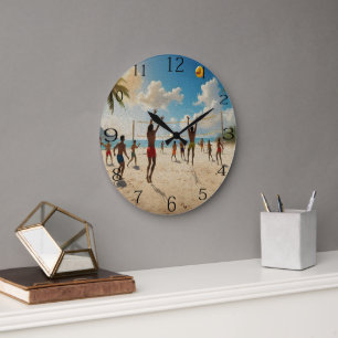 Fun In The Sun Beach Volleyball Oil Paint, Large Clock