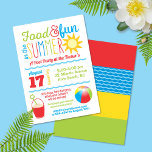 Fun in the Sun Colourful Summer Pool Party Invitation<br><div class="desc">This summer party design features bright primary colours of red, blue, yellow and green accented with waves, a sun, a sand pail and shovel and a beach ball. Click the customise button for more flexibility in adjusting the text! Variations of this design as well as coordinating products are available in...</div>