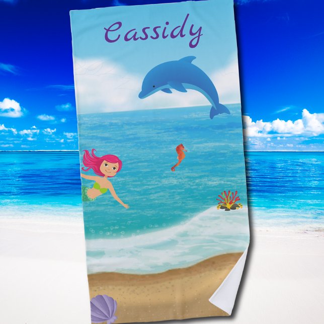 Fun in the Sun Mermaid Dolphin Beach Personalised Beach Towel (Fun in the Sun Mermaid Dolphin Beach Personalized Beach Towel)