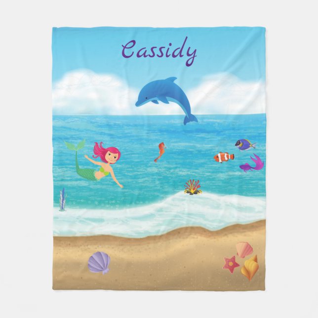 Fun in the Sun Mermaid Dolphin Beach Personalised Fleece Blanket (Front)