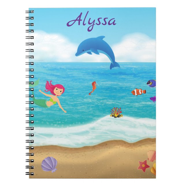 Fun in the Sun Mermaid Dolphin Beach Personalised Notebook (Front)